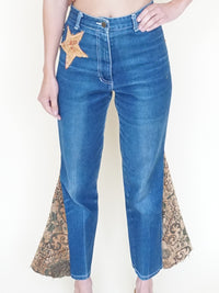 Patchwork Floral Jeans Boho Flared Bell Bottom Denim Vintage Upcycle
