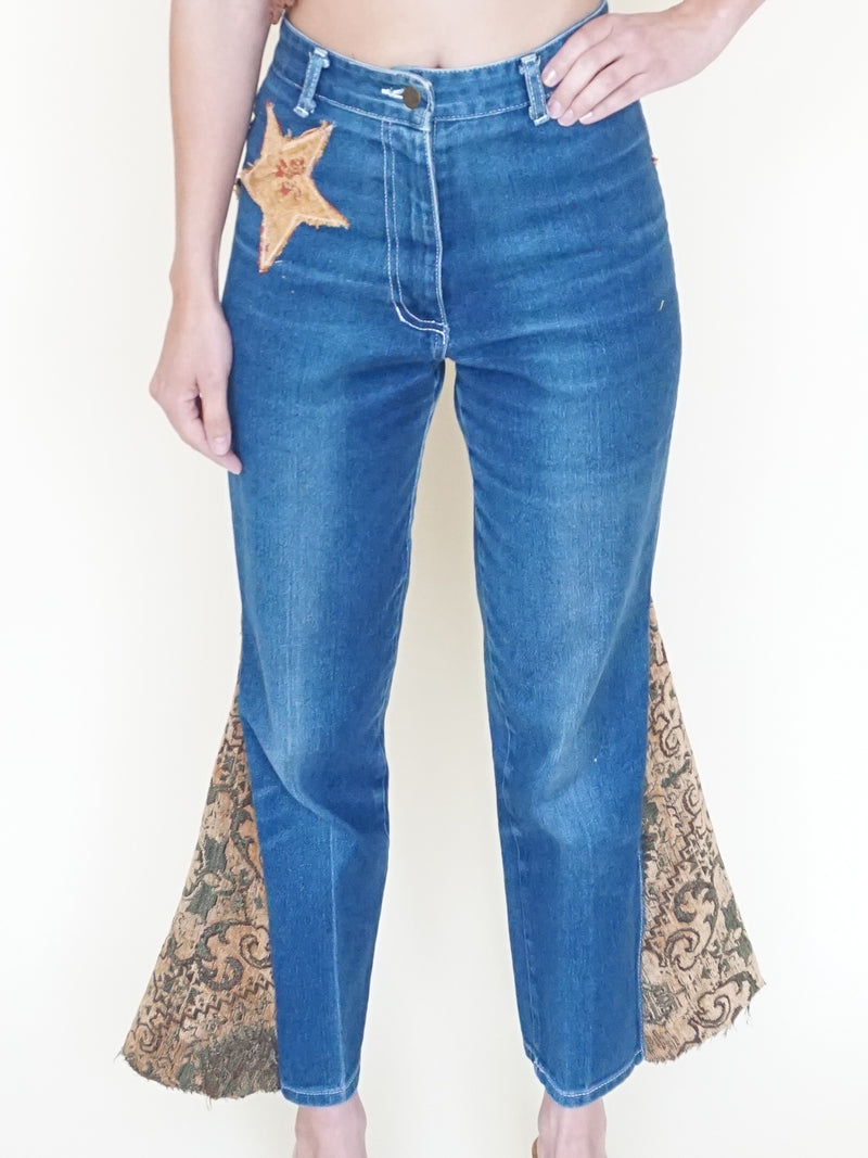 Patchwork Floral Jeans Boho Flared Bell Bottom Denim Vintage Upcycle