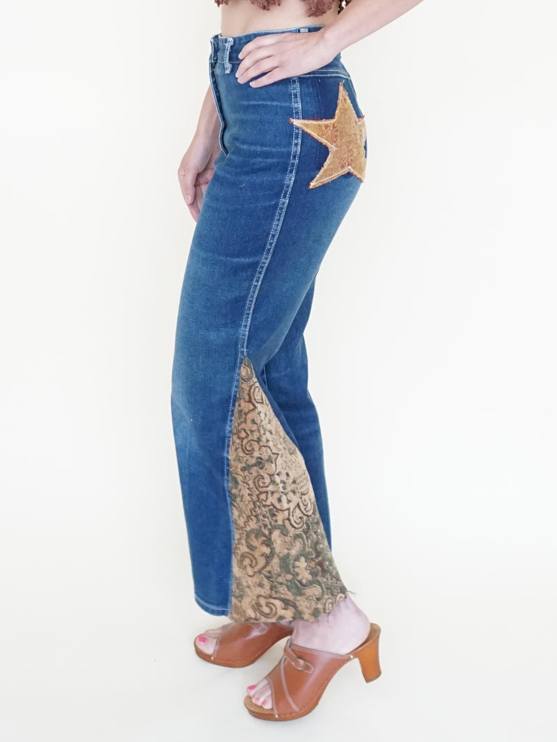 Patchwork Floral Jeans Boho Flared Bell Bottom Denim Vintage Upcycle