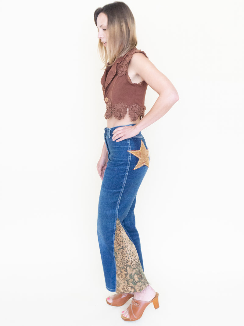 Patchwork Floral Jeans Boho Flared Bell Bottom Denim Vintage Upcycle