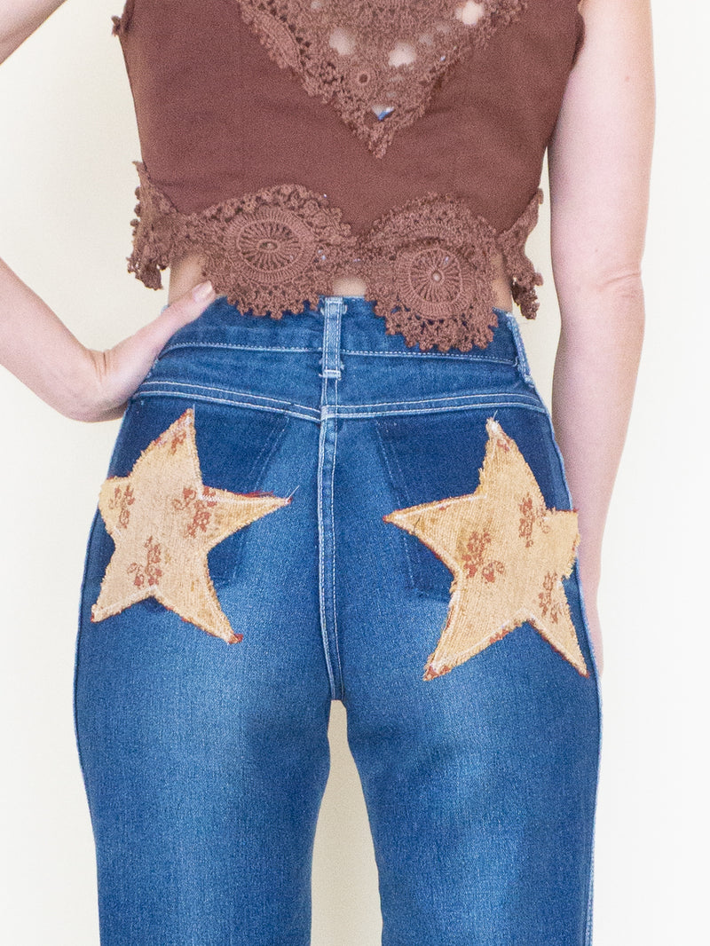 Patchwork Floral Jeans Boho Flared Bell Bottom Denim Vintage Upcycle
