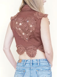 Patchwork Boho Vest Crochet Heart Cut Out Back Vintage Upcycle