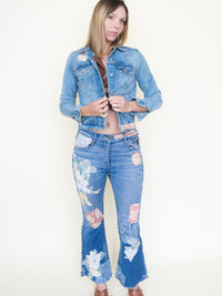 Floral Patchwork Jeans Flared Crop Leg Vintage Upcycled Denim