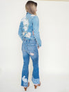 Floral Patchwork Jeans Flared Crop Leg Vintage Upcycled Denim