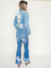 Floral Patchwork Jeans Flared Crop Leg Vintage Upcycled Denim