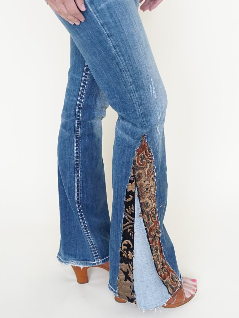 Floral Patchwork Bell Bottom Jeans Vintage Upcycle Low Rise