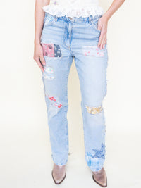 Floral Patchwork Boho Jeans Vintage Upcycle Lightwash Jeans
