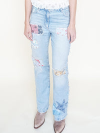 Floral Patchwork Boho Jeans Vintage Upcycle Lightwash Jeans