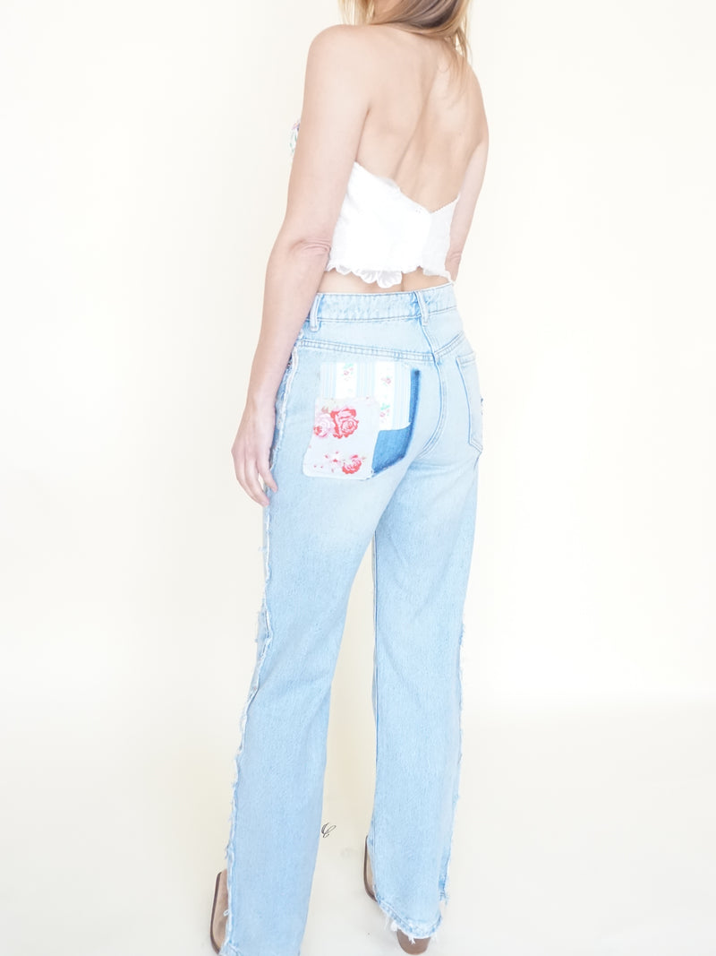 Floral Patchwork Boho Jeans Vintage Upcycle Lightwash Jeans