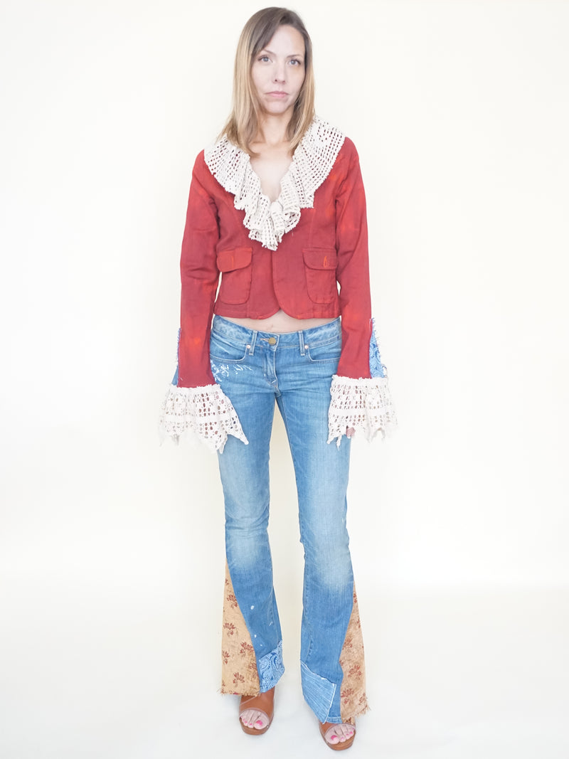 Crochet Ruffle Jacket Upcycled Vintage Tie Dye Coat