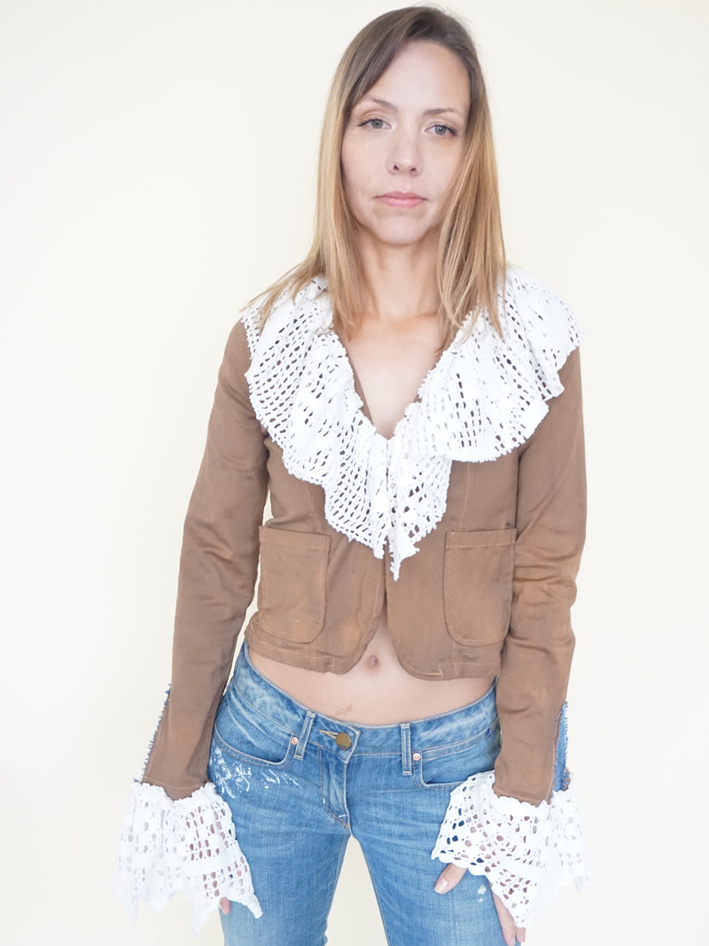 Boho Ruffle Jacket Crochet Lace Cropped Tie Dye Jacket Vintage Upcycle