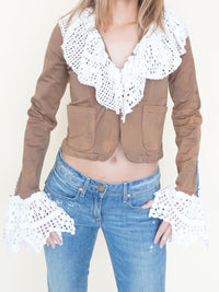 Boho Ruffle Jacket Crochet Lace Cropped Tie Dye Jacket Vintage Upcycle