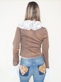 Boho Ruffle Jacket Crochet Lace Cropped Tie Dye Jacket Vintage Upcycle