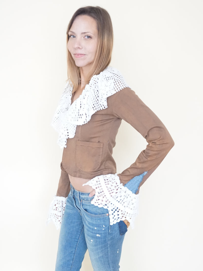 Boho Ruffle Jacket Crochet Lace Cropped Tie Dye Jacket Vintage Upcycle