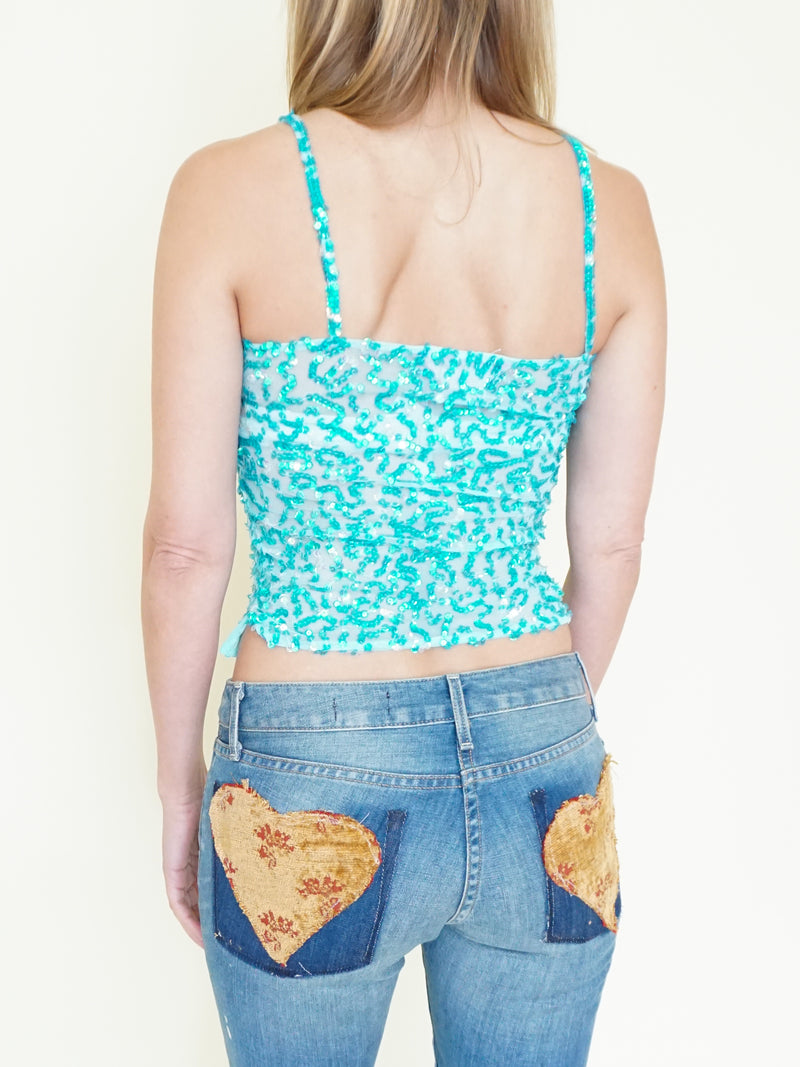 Aqua Sequin Tank Top Sheer Mesh Vintage Y2K Blouse
