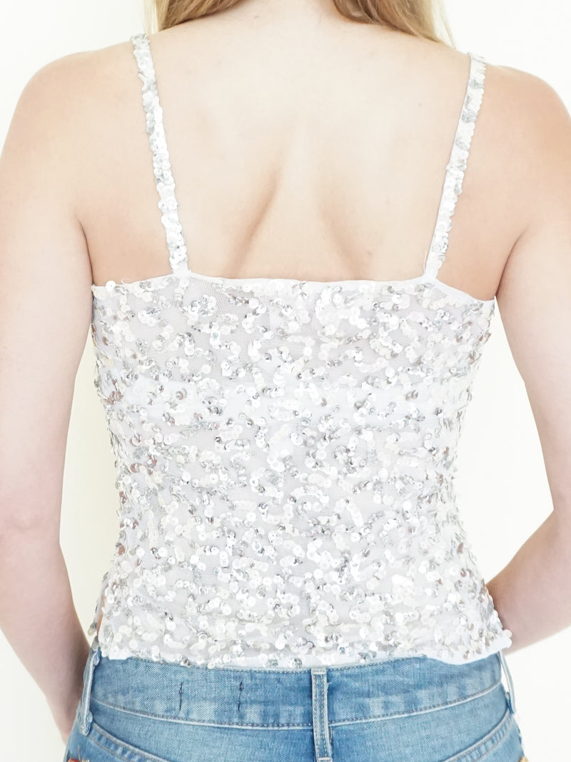Sequin Mesh Tank Top White Silver Sheer Vintage Blouse