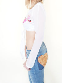 White Silk Blouse Sheer Tie Waist Vintage Sequin Embroidered Blouse