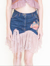 Boho Floral Patchwork Skirt Vintage Denim Lace Ruffle Mini Skirt