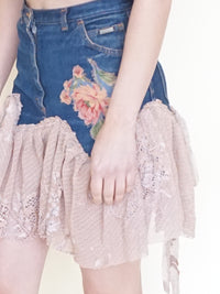 Boho Floral Patchwork Skirt Vintage Denim Lace Ruffle Mini Skirt