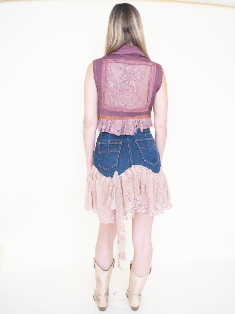 Boho Floral Patchwork Skirt Vintage Denim Lace Ruffle Mini Skirt