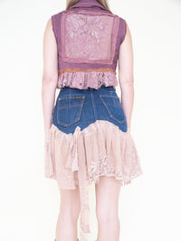 Boho Floral Patchwork Skirt Vintage Denim Lace Ruffle Mini Skirt