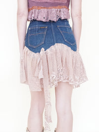 Boho Floral Patchwork Skirt Vintage Denim Lace Ruffle Mini Skirt
