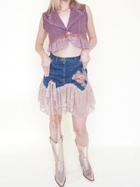 Boho Floral Patchwork Skirt Vintage Denim Lace Ruffle Mini Skirt
