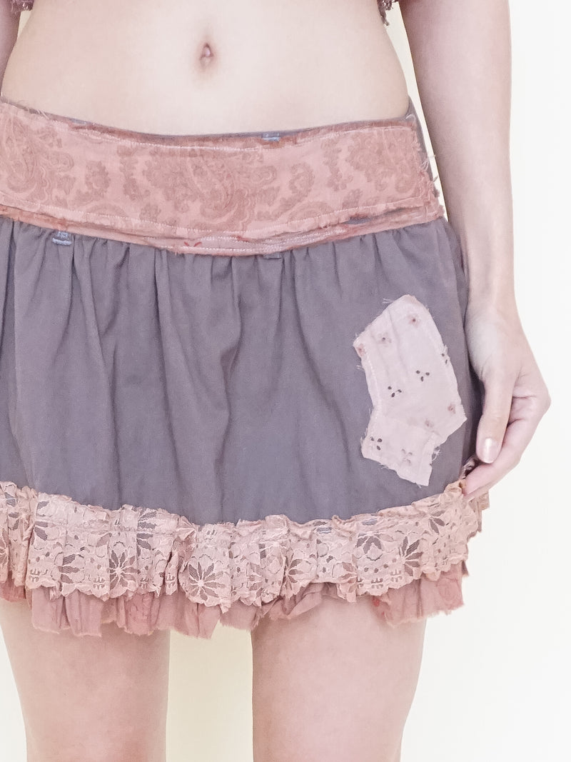 Floral Patchwork Skirt Ruffle Lace Upcycled Vintage