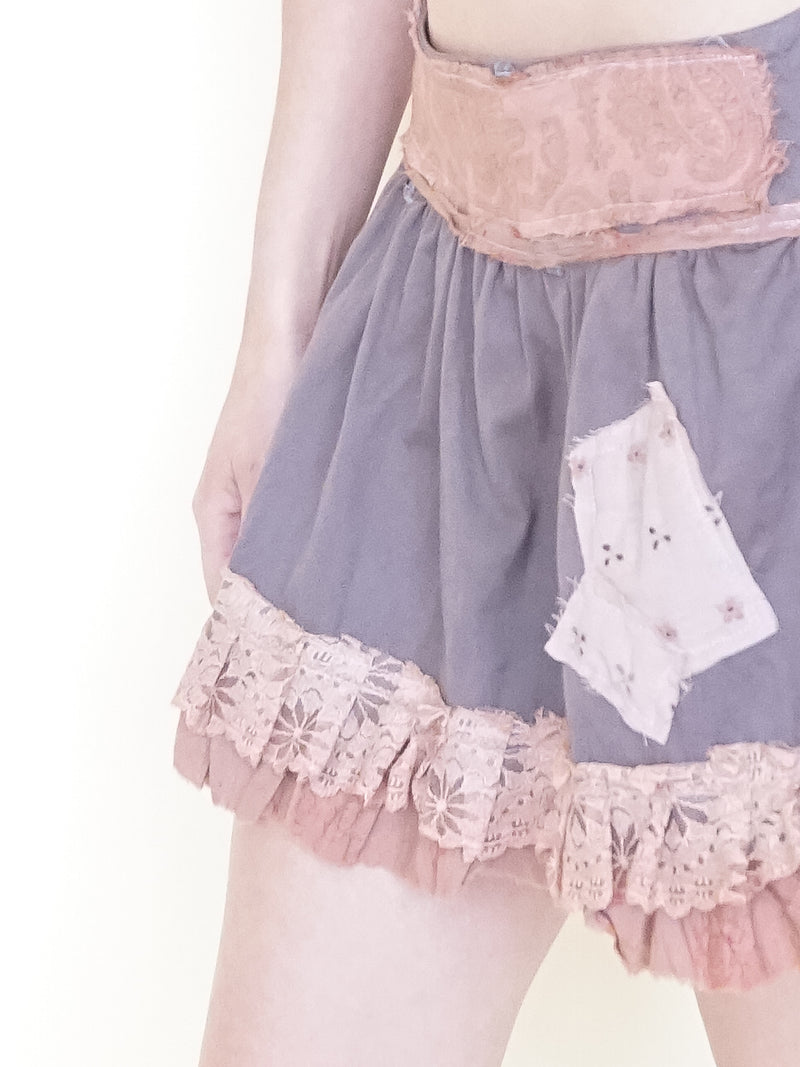 Floral Patchwork Skirt Ruffle Lace Upcycled Vintage