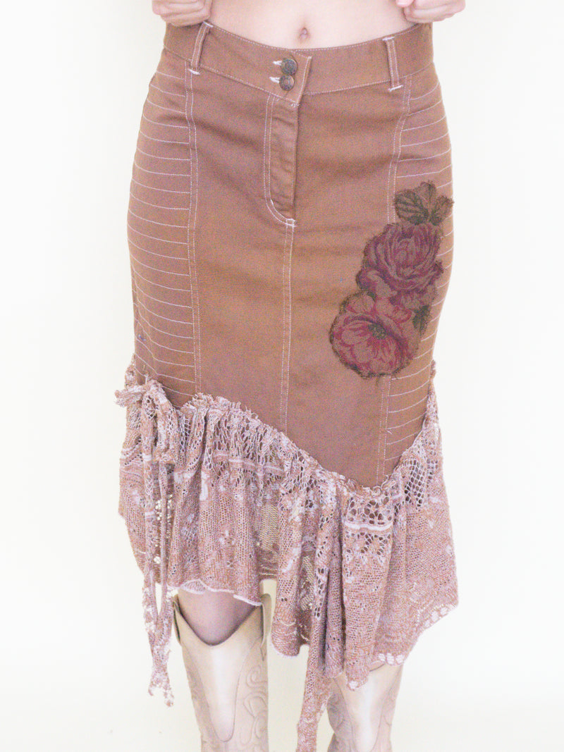 Floral Patchwork Skirt Lace Ruffle Midi Skirt Boho Y2k Upcycle