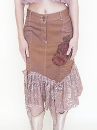 Floral Patchwork Skirt Lace Ruffle Midi Skirt Boho Y2k Upcycle