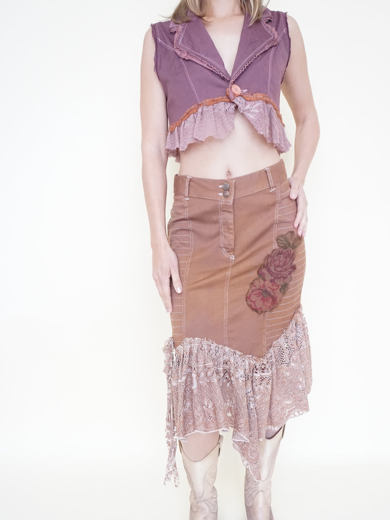 Floral Patchwork Skirt Lace Ruffle Midi Skirt Boho Y2k Upcycle