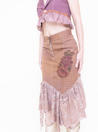 Floral Patchwork Skirt Lace Ruffle Midi Skirt Boho Y2k Upcycle
