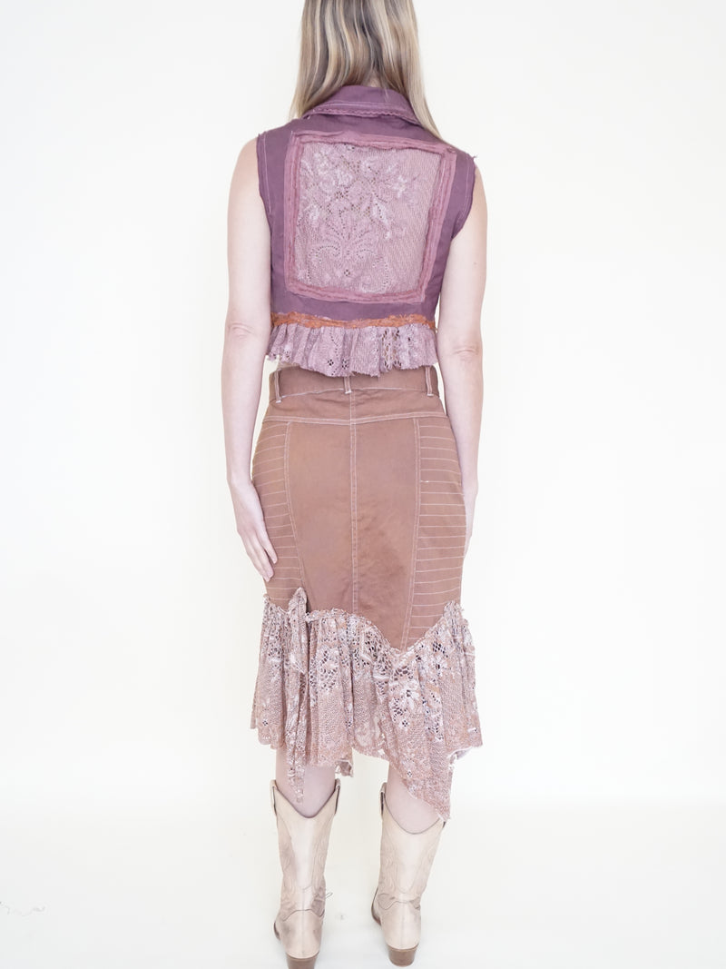 Floral Patchwork Skirt Lace Ruffle Midi Skirt Boho Y2k Upcycle