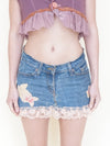 Heart Floral Patch Denim Skirt Upcycled Vintage Pink Ruffle Lace