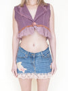 Heart Floral Patch Denim Skirt Upcycled Vintage Pink Ruffle Lace