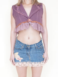 Heart Floral Patch Denim Skirt Upcycled Vintage Pink Ruffle Lace