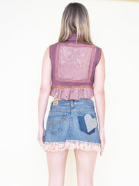 Heart Floral Patch Denim Skirt Upcycled Vintage Pink Ruffle Lace