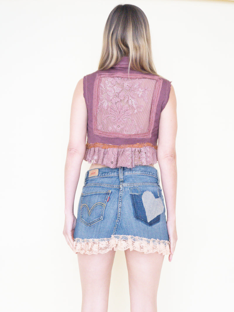 Heart Floral Patch Denim Skirt Upcycled Vintage Pink Ruffle Lace