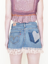 Heart Floral Patch Denim Skirt Upcycled Vintage Pink Ruffle Lace