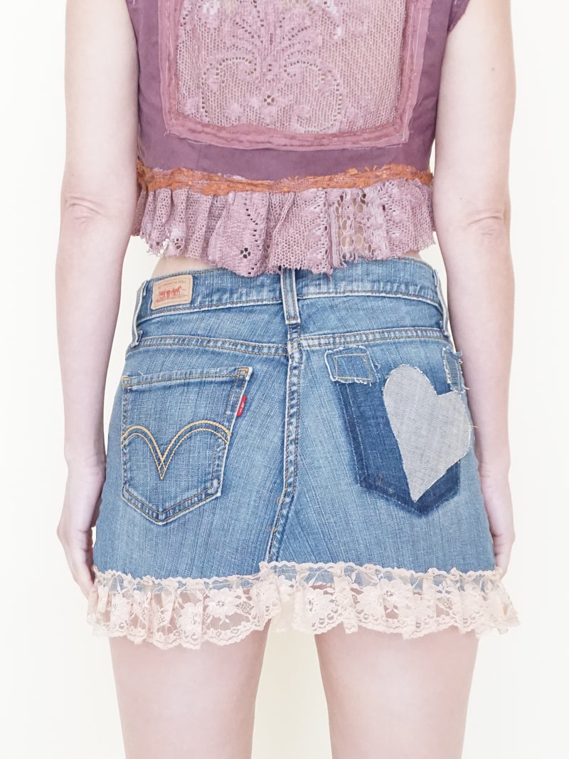 Heart Floral Patch Denim Skirt Upcycled Vintage Pink Ruffle Lace