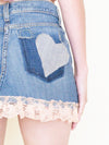 Heart Floral Patch Denim Skirt Upcycled Vintage Pink Ruffle Lace