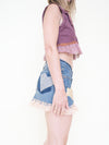 Heart Floral Patch Denim Skirt Upcycled Vintage Pink Ruffle Lace