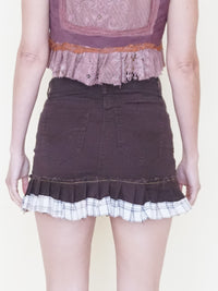 Patchwork Denim Mini Skirt Low Waisted Ruffle Skirt Vintage Upcycle
