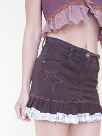 Patchwork Denim Mini Skirt Low Waisted Ruffle Skirt Vintage Upcycle