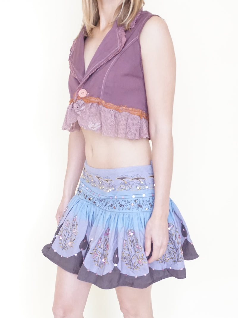 Sequin Floral Boho Skirt Ombre Low Rise Mini Skirt Upcycle