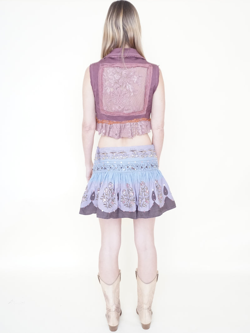 Sequin Floral Boho Skirt Ombre Low Rise Mini Skirt Upcycle