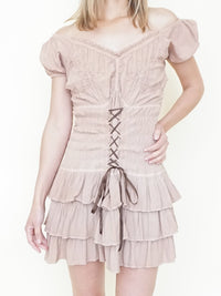 Ruffle Cotton Mini Dress Corset Style Off Shoulder Cinched Waist Dress Floral Embroidered