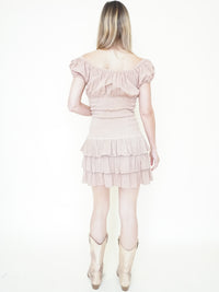 Ruffle Cotton Mini Dress Corset Style Off Shoulder Cinched Waist Dress Floral Embroidered