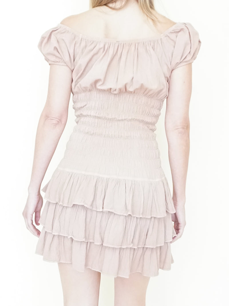 Ruffle Cotton Mini Dress Corset Style Off Shoulder Cinched Waist Dress Floral Embroidered